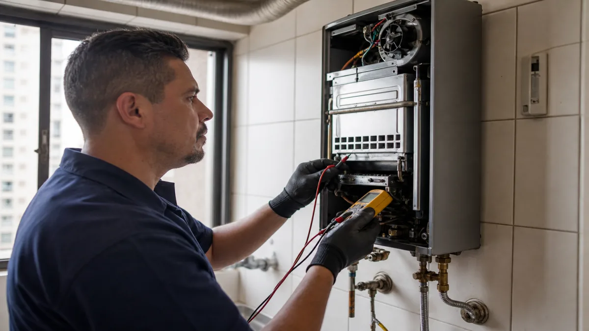 assistência técnica Rinnai: Técnico realiza assistência em aquecedor a gás Rinnai instalado em apartamento, util.