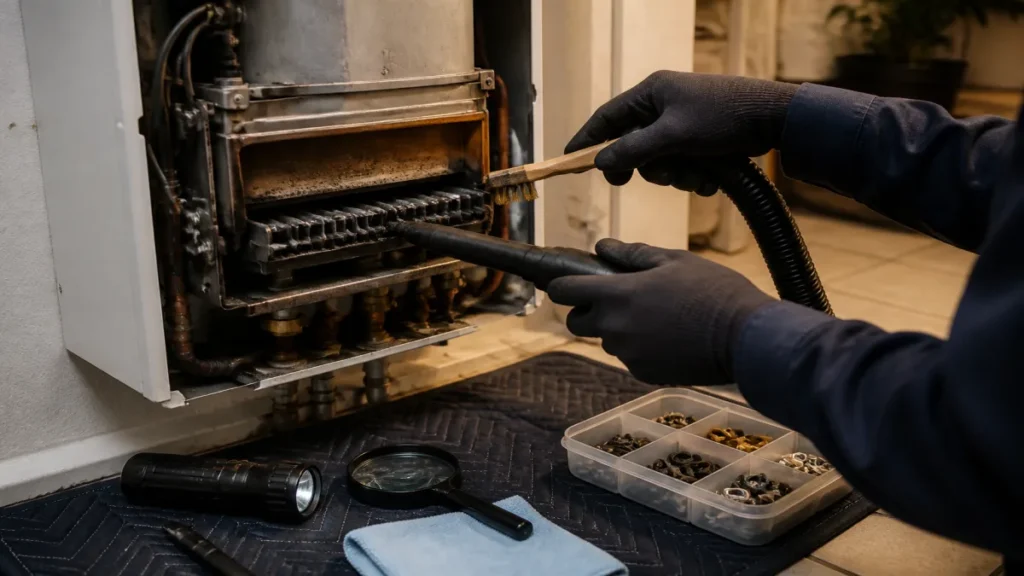 Detalhe prático de limpeza, peças e momento certo de intervir aplicado a manutenção de aquecedor Rinnai.