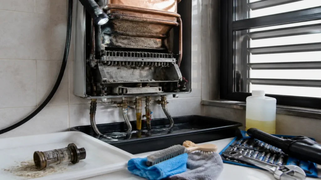 Momento de limpeza técnica e componentes que mais sofrem desgaste durante atividade de revisão anual do aquecedor.