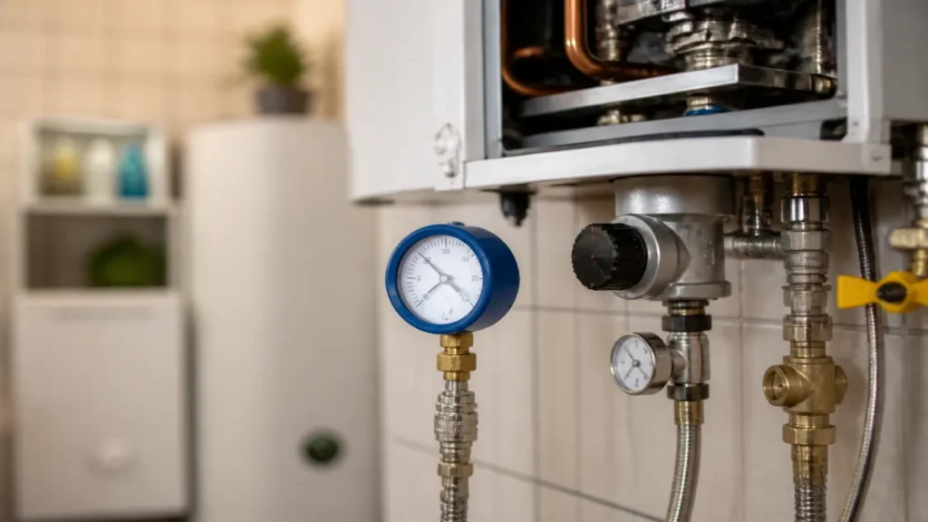 Detalhe prático de verificação de pressão e regulagem aplicado a revisão anual do aquecedor.