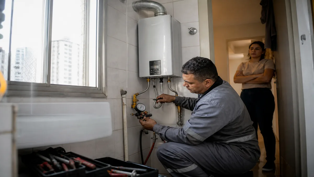 troca de aquecedor: Técnico troca aquecedor em área de serviço, realizando teste de gás com supervisão de uma mu.