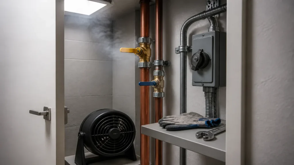 Momento de desligamento seguro de gás, água e energia durante atividade de troca de aquecedor.