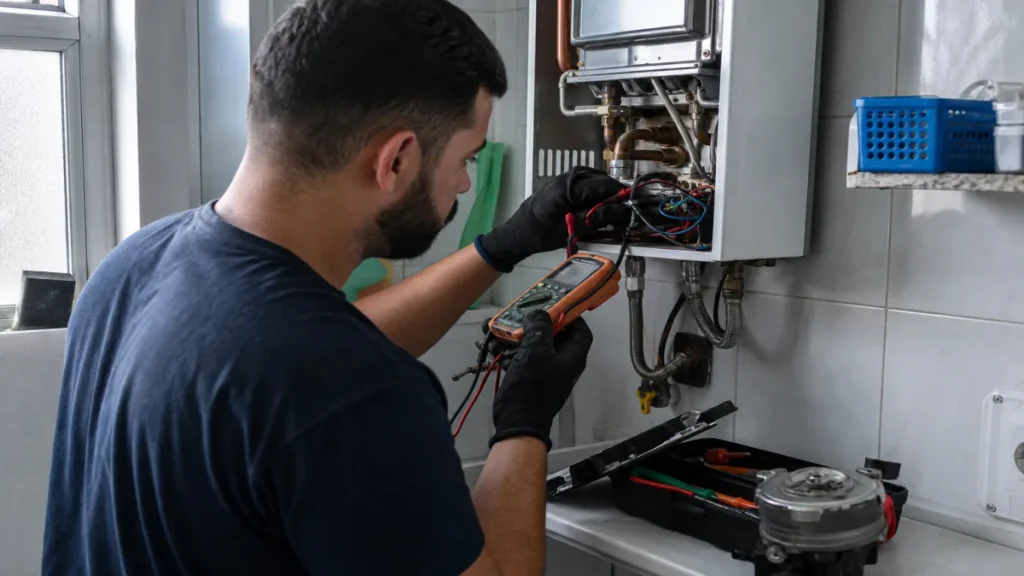 Manutenção De Aquecedores Em São Paulo 7 conserto de aquecedor Lorenzetti: Técnico consertando aquecedor Lorenzetti, testando componentes com multímetro .