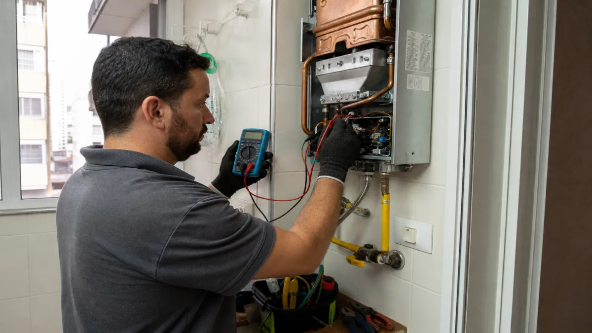 Técnico realiza teste de sensores e ignição em aquecedor Rheem em área de serviço residencial de conserto de aquecedor Rheem.
